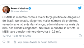 No twitter, Renan Calheiros comenta desempenho do MDB em Alagoas