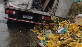 Caminhão que transportava cervejas tomba e motorista fica preso às ferragens