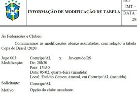 CBF muda horário do jogo do Coruripe pela primeira fase da Copa do Brasil