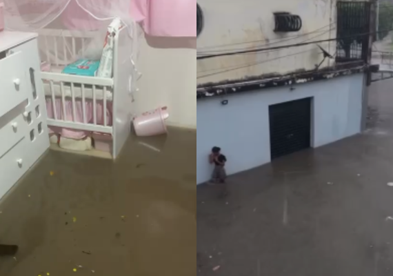 Forte temporal deixa ruas e casas alagadas em municípios de Alagoas