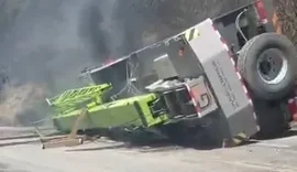 Veículo tomba, pega fogo e incêndio atinge vegetação em Palmeira dos Índios