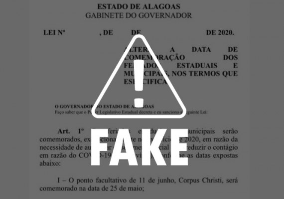 Imagem de Projeto de Lei com antecipação de feriados em Alagoas é falsa