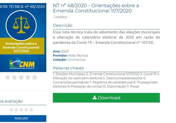 CNM lança nota técnica com orientações jurídicas sobre adiamento e calendário das eleições