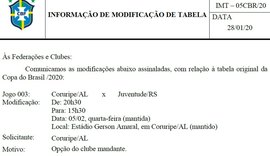 CBF muda horário do jogo do Coruripe pela primeira fase da Copa do Brasil