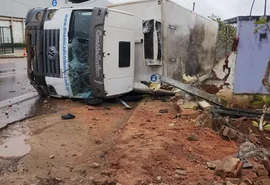 Caminhão carregado de alimentos tomba na AL-110, em Arapiraca