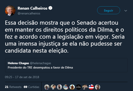 Renan Calheiros comentou decisão do TRE-MG sobre Dilma