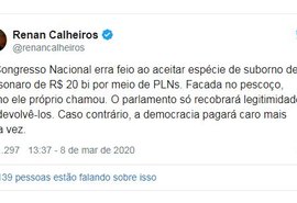 “O Congresso Nacional erra feio ao aceitar espécie de suborno de Bolsonaro”, diz Calheiros