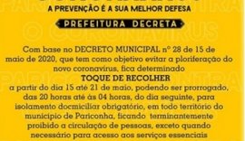 Prefeitura de Pariconha determina toque de recolher até o dia 21 de maio