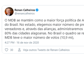 No twitter, Renan Calheiros comenta desempenho do MDB em Alagoas