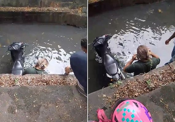 VÍDEO: Motociclista cai em vala no Riacho Salgadinho em Maceió