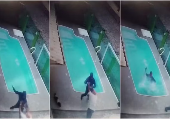 Assaltante cai em piscina durante roubo e vítima consegue fugir