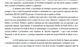 Em nota, AMA orienta continuidade de medidas restritivas contra o Covid-19