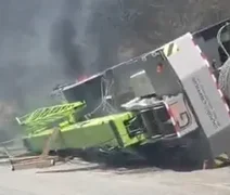 Veículo tomba, pega fogo e incêndio atinge vegetação em Palmeira dos Índios
