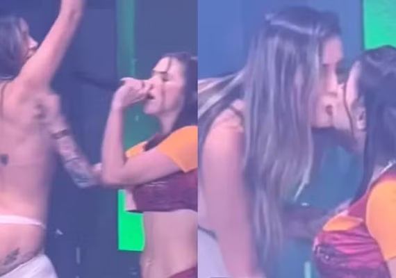 Andressa Urach participa de show de Pipokinha, tira a roupa e beija a MC; Veja