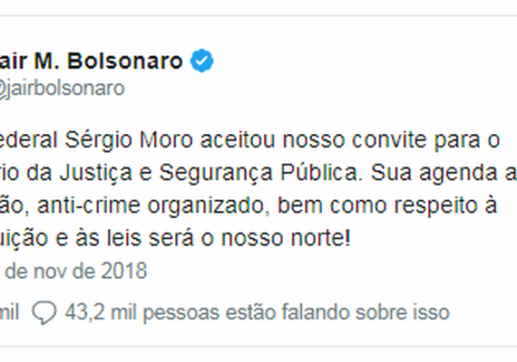 Moro aceita convite para Ministério da Justiça do governo Bolsonaro