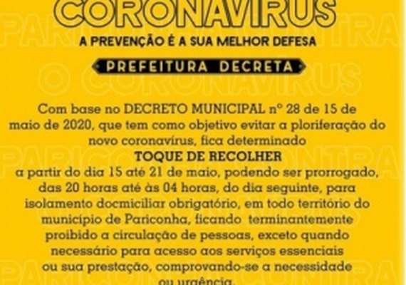 Prefeitura de Pariconha determina toque de recolher até o dia 21 de maio