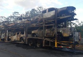 Incêndio em caminhão cegonha destrói veículos na BR 101 em Novo Lino