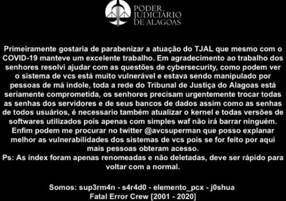 Site do TJAL é invadido e hackers deixam mensagem inusitada de apoio