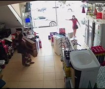 Mulher grávida furta aparelho de TV em loja e sai carregando equipamento