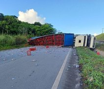 Carreta carregada de garrafas tomba e bloqueia trecho da BR-101, em São Miguel dos Campos