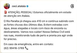 Chuva intensa eleva nível do Rio Paraíba e Atalaia entra em estado de atenção