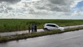 Pista molhada causa colisão e carro invade canteiro na AL-405