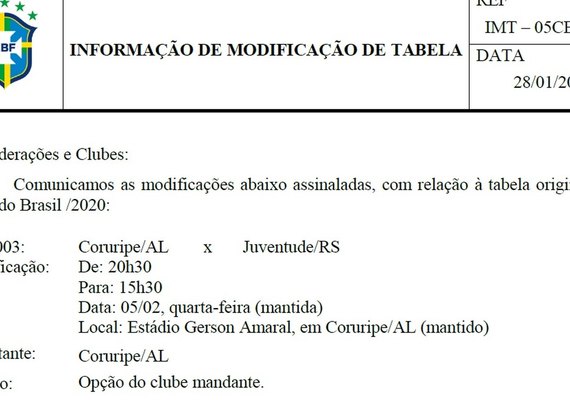 CBF muda horário do jogo do Coruripe pela primeira fase da Copa do Brasil