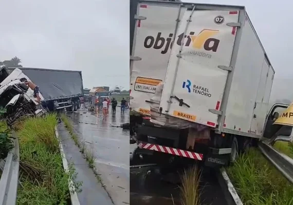 Vídeo: Caminhões quase caem de ribanceira após acidente na BR-101