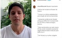 Álvaro Filho postou na conta dele no Instagram a campanha para ajudar no combate ao novo coronavírus. Foto: Reprodução Instagram.