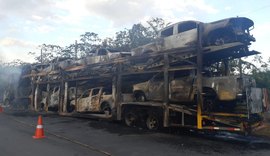 Incêndio em caminhão cegonha destrói veículos na BR 101 em Novo Lino