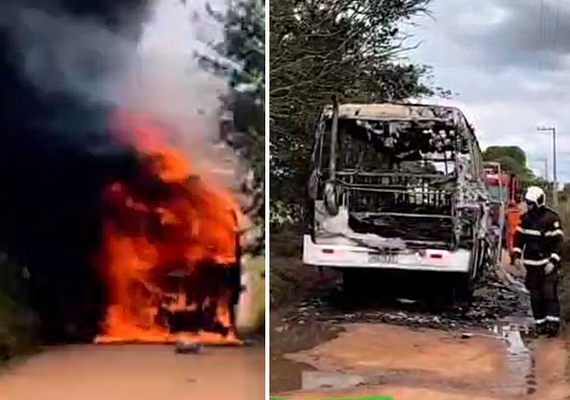 Ônibus escolar é destruído por incêndio e motorista escapa pela janela