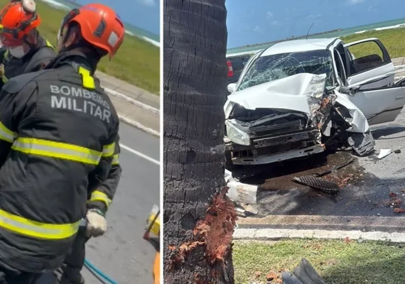 Carro colide contra coqueiro e motorista fica preso às ferragens na Av.﻿ Assis Chateaubriand