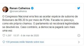 “O Congresso Nacional erra feio ao aceitar espécie de suborno de Bolsonaro”, diz Calheiros