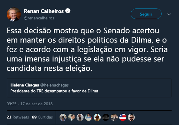 Renan Calheiros comentou decisão do TRE-MG sobre Dilma