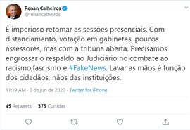 Renan Calheiros quer volta de sessões presenciais no Senado