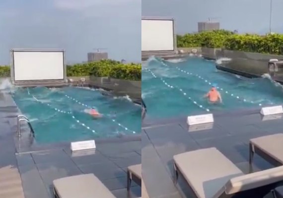 Turista fica preso em piscina de hotel durante terremoto em Taiwan; veja vídeo