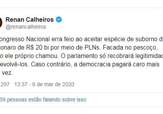 “O Congresso Nacional erra feio ao aceitar espécie de suborno de Bolsonaro”, diz Calheiros